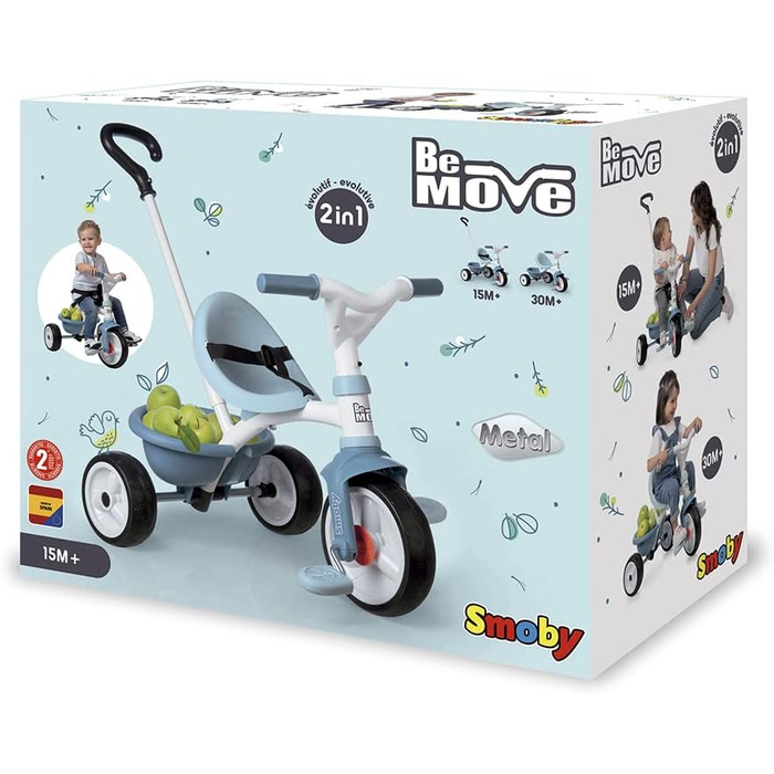Триколісний велосипед Smoby Be Move з батьківською ручкою, ременем безпеки, металевим каркасом та педальним механізмом для дітей від 15 місяців (Блакитний)