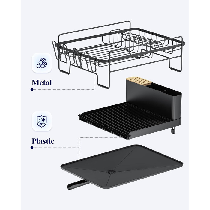 Сушарка для посуду Kitsure, висувна, багатофункціональна, з відділенням для столових приборів, 67.8 x 32.7 x 14.9 см (Чорний)