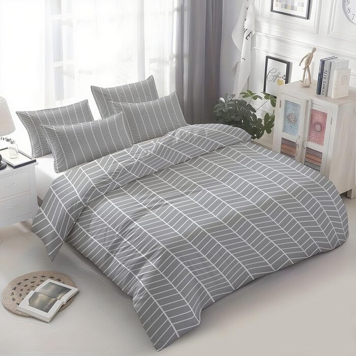Сіра постільна білизна 180x200 см з геометричним дизайном, двостороння, з м'якої мікрофібри, для алергіків, 3 частини (1 ковдра + 2 подушки), з блискавкою, сучасний дизайн