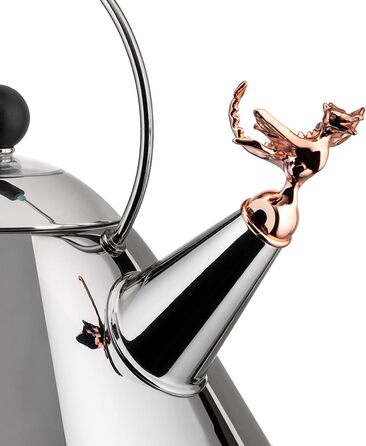 Чайник Alessi Rex Tea 9093REX - нержавіюча сталь 18/10, полірована, з чорною ручкою та мідним свистком у формі доісторичної рептилії