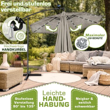 Садова парасолька Tillvex Alu Ampelschirm з LED-освітленням на сонячній батареї, 350 см, колір тауп — Алюмінієвий зонт від сонця з рукояткою, захистом від UV та вітру, включаючи чохол та стійку