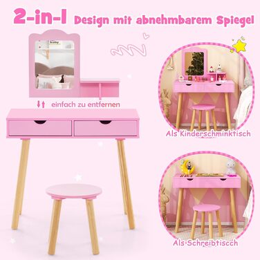 Детский туалетный столик Dreamade с табуретом и съемным зеркалом, принцесс-стиль, с ящиком, из дерева, для девочек (белый/розовый)