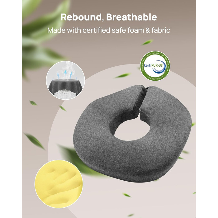 Ортопедична подушка-кільце Feagar: регульований ергономічний сидінець-пончик від геморою та ішіасу, для копчика, післяпологовий (Сірий, стандарт 60-100 кг) для авто, офісного крісла та візків