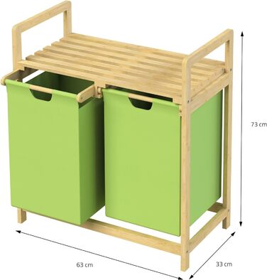 Бамбуковий кошик для білизни ML-Design, Ящик для білизни з 2 відділеннями, Збірник для білизни з 2 висувними мішками 60 л, Скриня для білизни з полицею, Сортувальник білизни для ванної кімнати, Відро для білизни з полицею (Зелений)