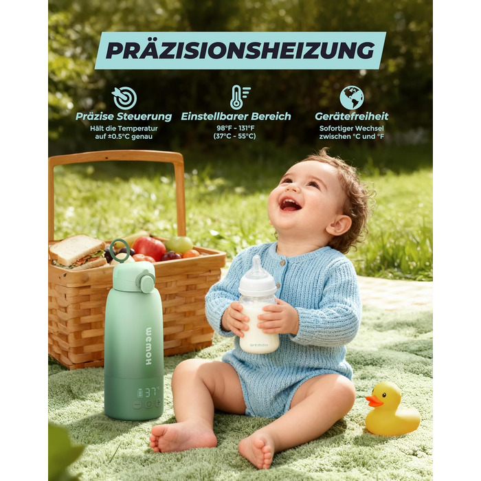 Портативний підігрівач для пляшечок Wemoh з самоочищенням, точним контролем температури, 450 мл та швидким нагрівом 100W для дитячого харчування та води
