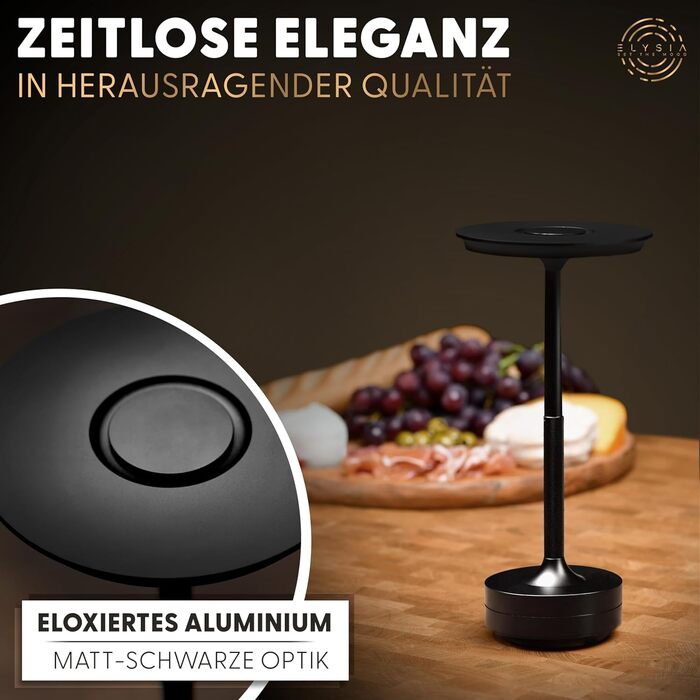 LED-лампа ELYSIA на акумуляторі, торшероподібна, диммування, бездротова, сенсорна панель, для внутрішнього та зовнішнього використання [IP54], тепле світло [2200K-2700K-3200K], USB-C, перезарядна, алюміній, чорна