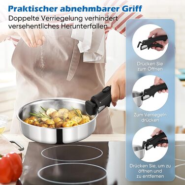 Набір каструль Joyfair, 9 предметів, з нержавіючої сталі, знімний ручка, для індукційних плит, сумісний з усіма типами плит, можна використовувати в духовці та мити в посудомийній машині