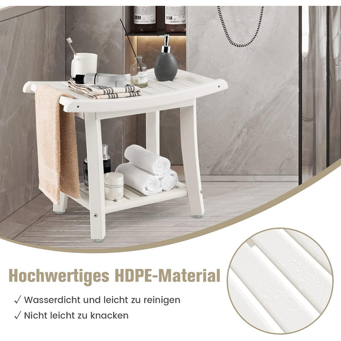 Двомісна душова лавка COSTWAY з полицею, 170 кг, біла. Душовий стільчик для дорослих та літніх людей, 60,5 x 34 x 48 см