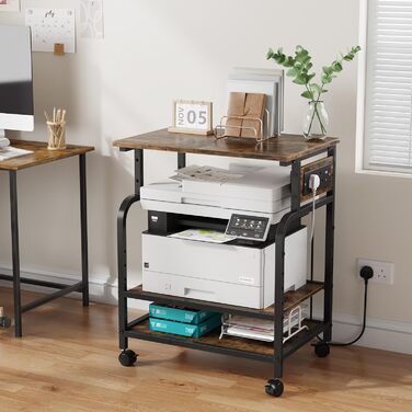 Трьохрівневий стіл для принтера з розеткою та USB-портами, регульовані полиці, роликовий стійка для принтера для дому/офісу, 3D/лазерний принтер, термопрес (Бюстик Браун, 60 см)