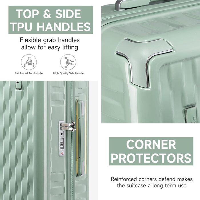 Набір валіз Sea Choice Matcha Grün: M-L-XL (55/65/75 см) з косметичкою, TSA-замок, жорсткий корпус