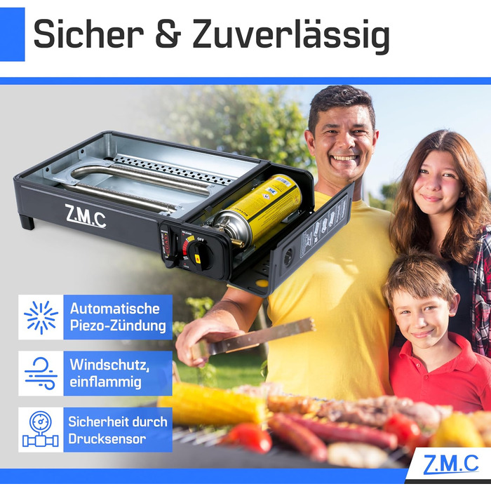 Z.M.C. 2-в-1 газовий набір для кемпінгу: плита та гриль з аксесуарами та кейсом. Газовий гриль та плита з пьезозапалюванням, 2.2kW, LPG-підключення