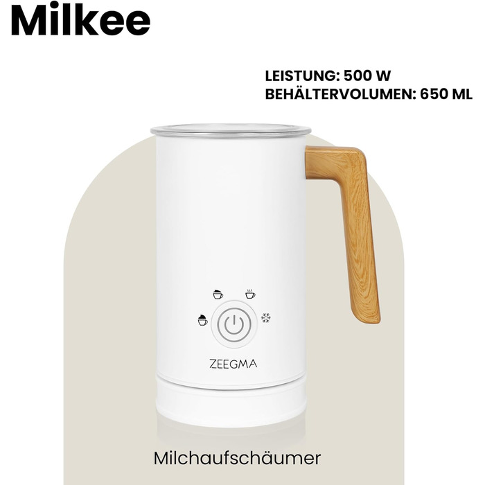 Електричний спінювач молока ZEEGMA MILKEE 500W, 650 мл, для капучино, лате, какао, антипригарне покриття, сенсорне керування, білий