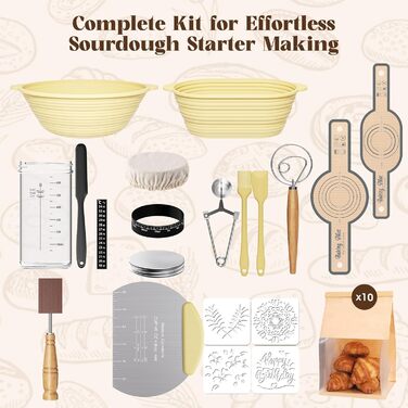 Набір для закваски з силікону MQFORU: 30 шт. Заквасочні корзини (28см круглі, 29см овальні), скляна тара 730мл, щітка, скребок. Для випікання хліба.