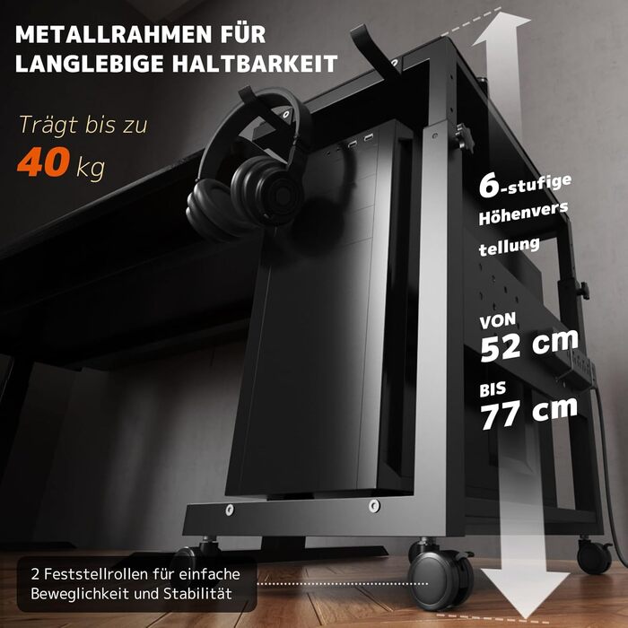 Регульована підставка для ПК PUTORSEN з 2 рівнями, з роликами та підкладкою для миші, чорна (Mid-Tower)