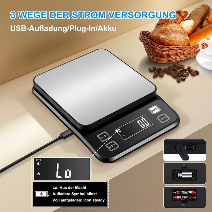 Кухонні ваги Diyife 10 кг, 0,1 г, з нержавіючої сталі, LCD-дисплеєм, функцією тарування та підрахунку, чорні