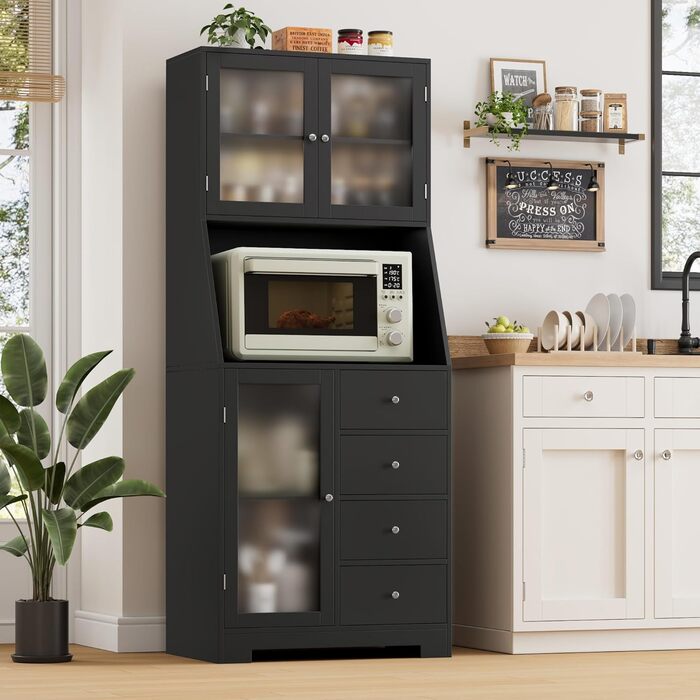 Кухонна шафа HOCSOK 163 см з робочою поверхнею, буфет, шафа для зберігання продуктів, 3 двері та 4 шухляди, висока шафа для кухні, вітальні, їдальні, бару, білий (чорний)