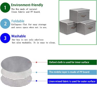 Ящики для зберігання OUTBROS з 3 предметів з кришками, 38 x 25 x 25 см, складні тканинні ящики, кошики для зберігання, органайзери для іграшок, одягу, книг, ST02BGS3 (сірий, маленький(3 упаковки))