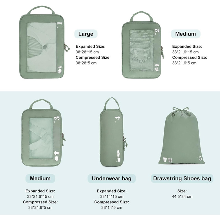 Набір компресійних органайзерів для валізи та рюкзака ECOHUB, 5 предметів, зелений