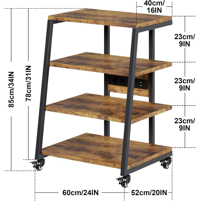 Стійка HiFi з колесами, розетками, світлодіодна, регульована, дерев'яна, 4-х рівнева, 60x52x78 см для аудіо/телевізора