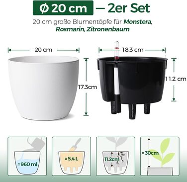 Автоматичні горщики для квітів T4U з індикатором води, 2 шт., 20 см, білий. Підходять для монстери та розмарину, для дому та саду