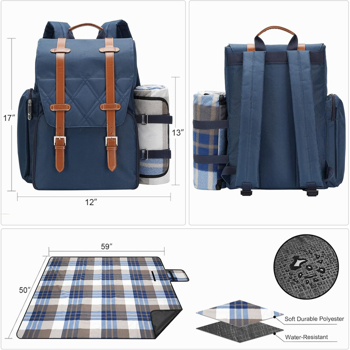 Набір для пікніка на 4 особи з великою ізольованою сумкою-холодильником, набір для пікніка з мішком для вина, водонепроникний плед та набір столових приборів. Ідеально для кемпінгу, подарунок на весілля, блакитний колір