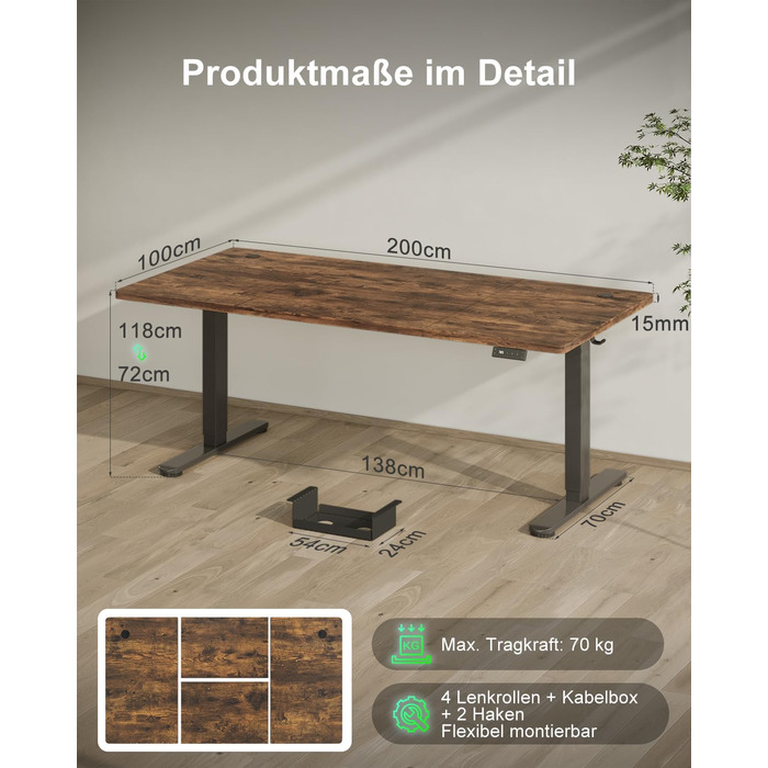 Регульований стіл Devoko 200x80 см з USB-C, електричний, мобільний, з органайзером для кабелів, білий/вінтажний коричневий