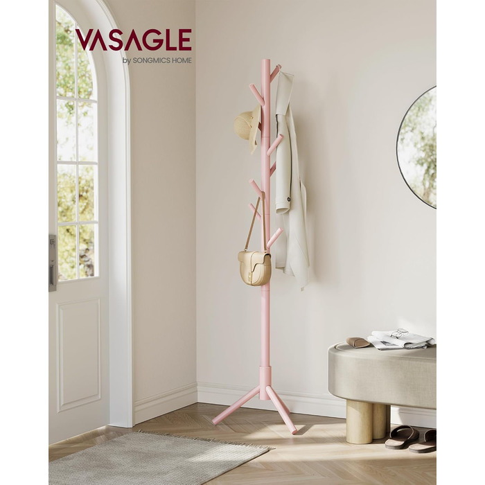 Стійка для одягу VASAGLE з масиву дерева, дерев'яна вішалка для одягу з 8 гачками, 3 регульовані висоти, для одягу, капелюхів, сумок, вітальні, спальні, офісу, RCR04GY (Пастельно-рожевий)