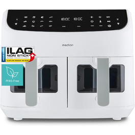 MEDION P20 XXL Фритюрниця для повітряного приготування з 2 камерами (8,7 л, Airfryer, 2600 Вт, подвійна камера, 10 автоматичних програм, 2 ящики, віконце, Dual Airfryer, ILAG PFAS-free, MD11760) матово-білий