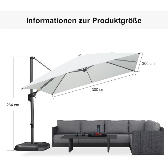 Парасолька від сонця PURPLE LEAF 300x300 см, велика підвісна парасолька-ампел з рукою-курбою, поворотом на 360° та хрест-підставкою для тераси та балкона, біла