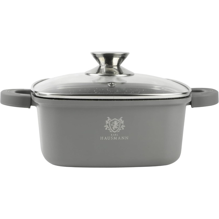 Каструля з антипригарним покриттям 10 літрів, діаметр 28 см, з кришкою, з алюмінієвого лиття, для всіх типів плит (в т.ч. індукційних), сірого кольору. Ідеально підходить для приготування супів, тушкування та інших страв.