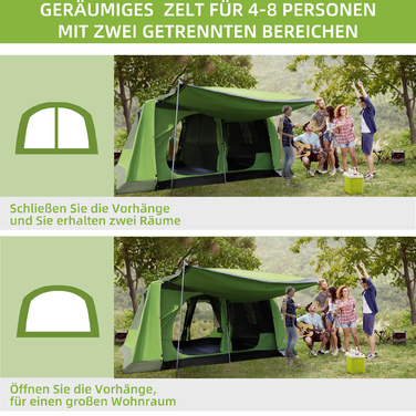 Outsunny Camping Tent Купольний намет Сімейний намет 2 спальні кабіни 4-8 осіб L405 x W305 x H225 см