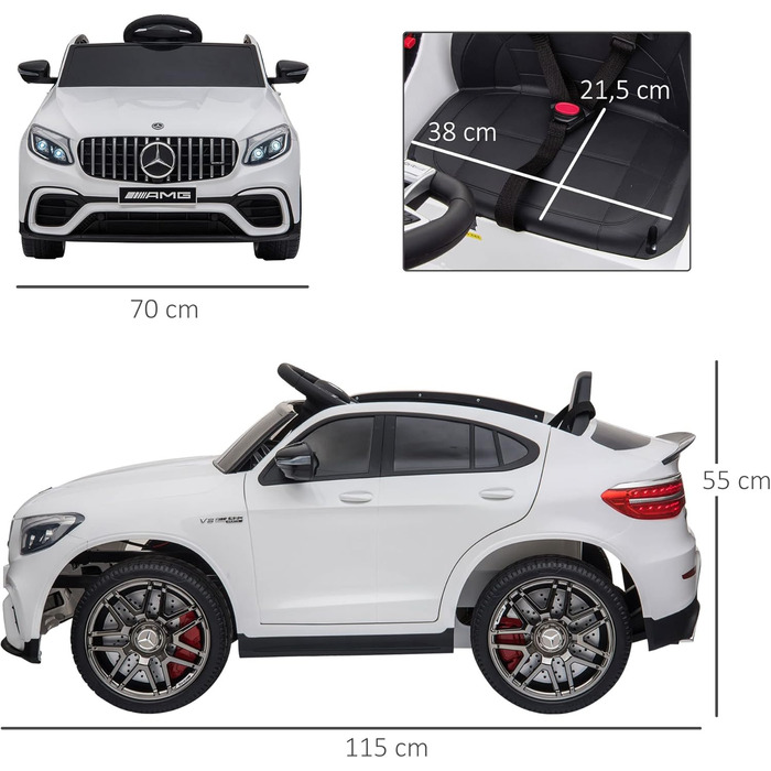 Дитячий електромобіль Mercedes-Benz AMG GLC63S Coupe 12V, ліцензійний, з пультом ДУ, ременем безпеки, 2x35W, білий, для дітей 3-5 років, HOMCOM