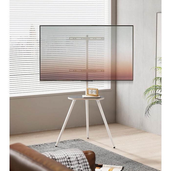 Настінна кріплення для телевізора 43-65 дюймів (LCD, LED, OLED) до 35 кг, регульована висота та поворотна, дерев'яна стійка з дерев'яним підносом, VESA 400x400 мм (білий глянц)