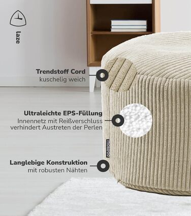 Табурет, вельветовий пуф 'Der Faule Lenz', подушка для підлоги кругла табуретка для ніг, подушка для сидіння в приміщенні, пуф, пуф для сидіння в приміщенні, приємний і м'який, з наповнювачем з пінополістиролу (40x60 см, бежевий)