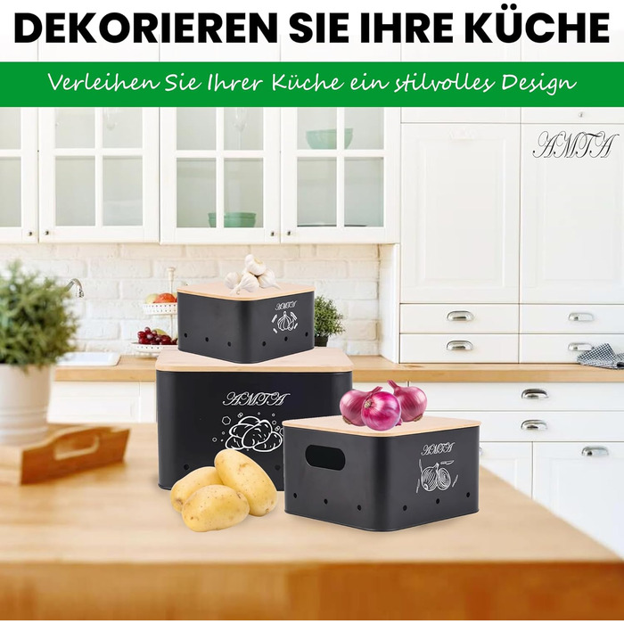 Набір контейнерів для зберігання картоплі, цибулі та часнику (3 шт) – Преміум-контейнери з циркуляцією повітря, вінтажний стиль, чорний колір