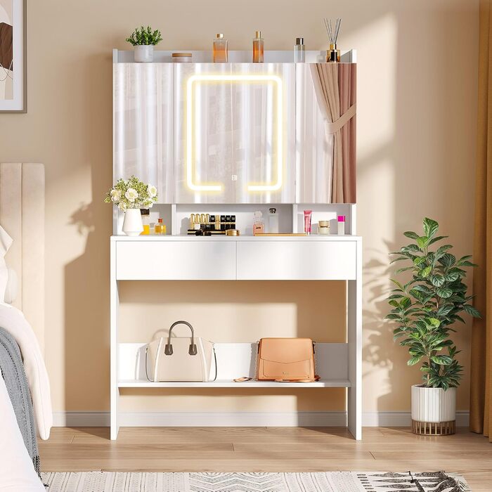 Дзеркальний туалетний столик YITAHOME з підсвічуванням та шухлядами, колір чорний (білий з 2 шухлядами)