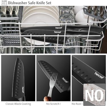 Набір кухонних ножів Hecef 15 предметів з бруском, чорний колір, антипригарне покриття, безпечний для миття в посудомийній машині, самозаточуваний брусок, ергономічні ручки, набір ножів для кухні для початківців та любителів готування (6 шт)