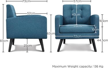 Крісло-мішок Yaheetech з підлокітниками, блакитне, з поліестеру, до 136 кг, для вітальні