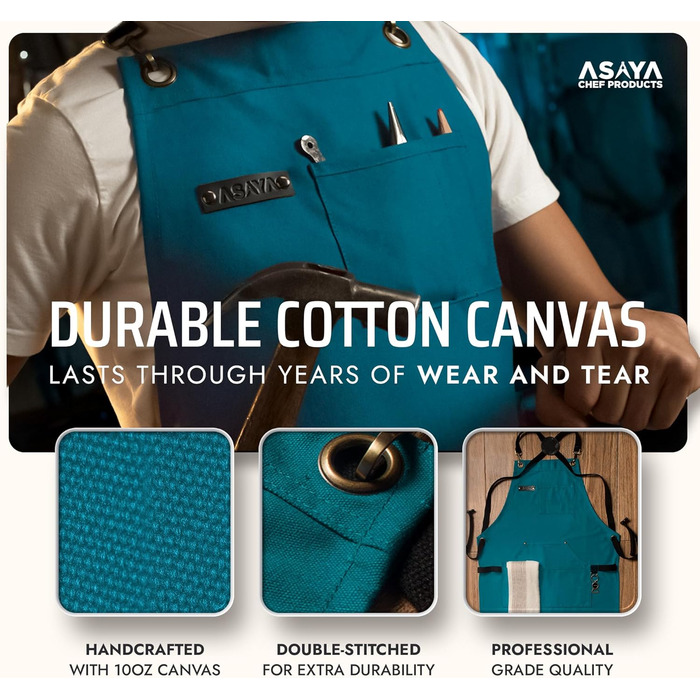 Фартух кухонний Asaya для жінок та чоловіків з рушником та відкривачем для пляшок – 284 мл, канва (синій / зелений)