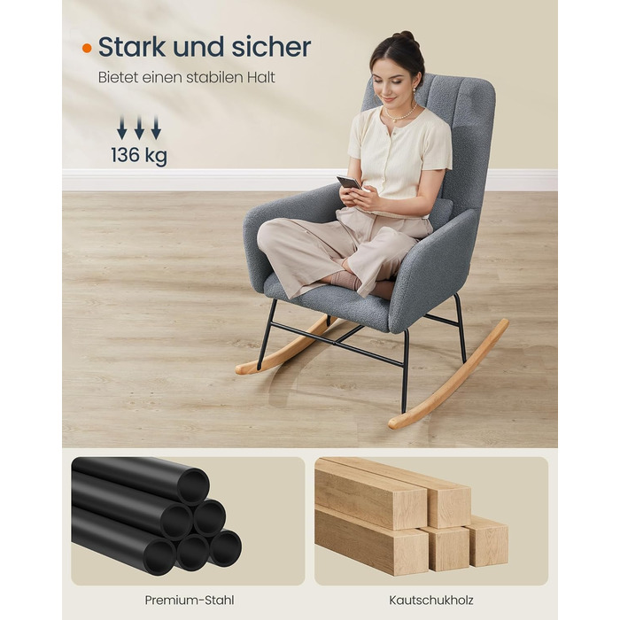 Крісло-гойдалка SONGMICS HOME з підлокітниками, для вітальні та спальні, сірий, до 136 кг, LYY500G01