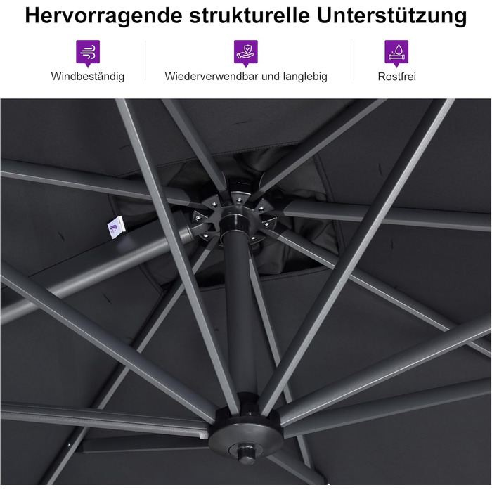 Парасолька від сонця PURPLE LEAF 300x400 см, велика підвісна парасолька-ампел з рукояткою, поворотом на 360° та хрест-підставкою для тераси та балкона, чорна