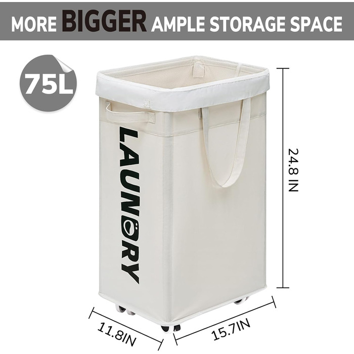 Кошик для білизни на колесах Goodpick, сірий, 75 л, знімний мішок для прання, 1 шт.