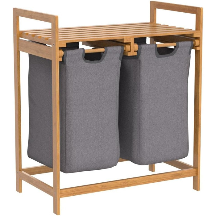 Кошик для білизни Lumaland з бамбука з 2 висувними мішками для білизни | Легкий у догляді, стійкий до вологи, легко очищується | Висота приблизно 73 см x 64 см ширина x 33 см глибина [Бежевий] 2 відділення для білизни, 2 мішки для білизни | Бежевий