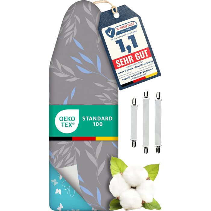 Покриття для прасувальної дошки Turbo 120x45 см, німецька якість, бавовняне покриття ÖKOTEX, терморефлексія, 5 розмірів, фіксатор EasyFit, XL площею 120-125x40-45 см, блакитно-сірий колір