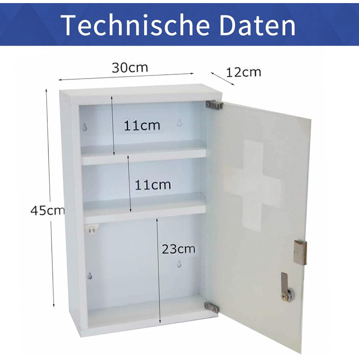 Металевий медичний шафчик Style Home з 3 відділеннями, з замком, 45x30x12 см, білий. Аптечка, шафка для ліків, аптечка першої допомоги з скляними дверцятами та замком