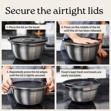 Набір місок для перемішування з нержавіючої сталі WHYSKO | Контейнери для зберігання продуктів, міски для кухні та холодильника | Екологічні, міцні (з чорними кришками)
