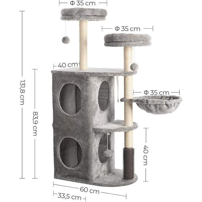 Кігтеточка FourFurPets 132 см, 2 печери, 2 платформи, кошик, плюшеві м'ячі, світло-сірий