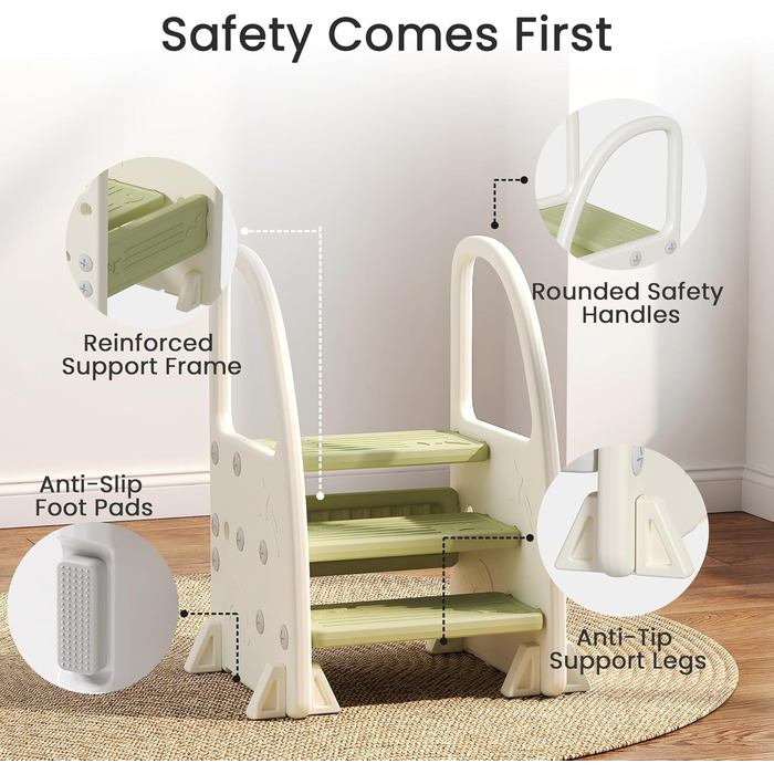 Дитячий ходунок-стілець Hoopyosms Tritthocker з ручкою, безпечний та стійкий, 2/3 сходинки для ванної, кухні та туалету (зелений)