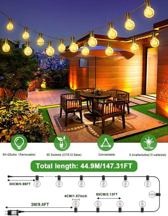 LED гірлянда для вулиці з таймером, 30+1 лампочки G40, регулювання яскравості, IP44, 44.9м, для декору саду, балкону, дому