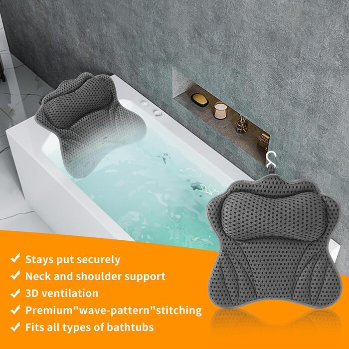 Подушка для ванни з 6 присосками, сітчаста технологія 4D Air Mesh, підтримка голови, шиї, плечей та спини, підходить для всіх ванн (Сіра)